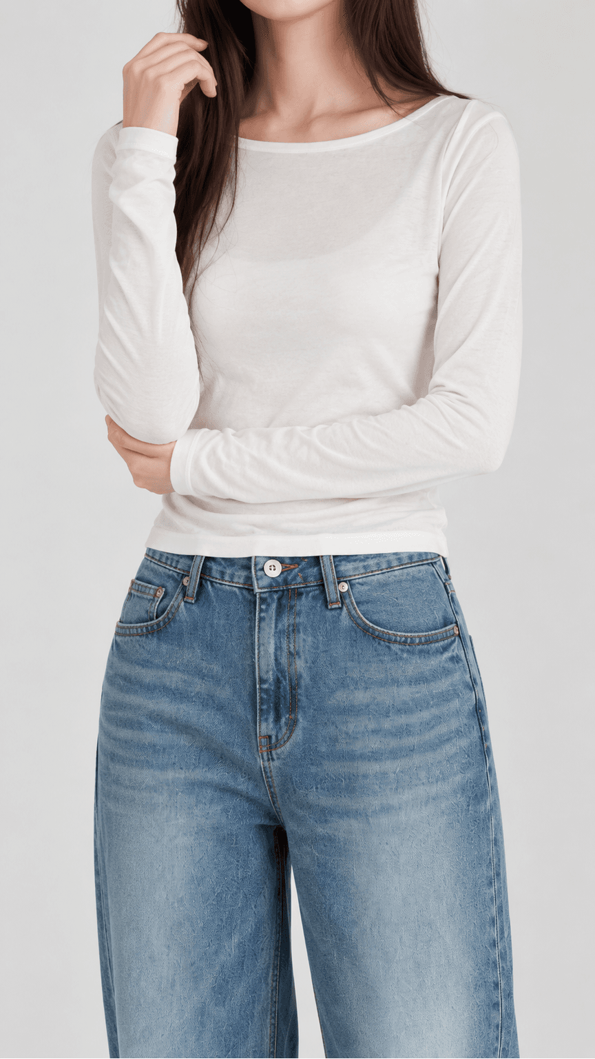 가을 스판 여리핏 보트넥 긴팔티 아이보리