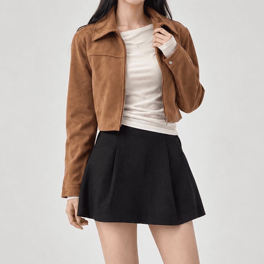 가을 무드 스웨이드 크롭 집업 자켓 브라운
