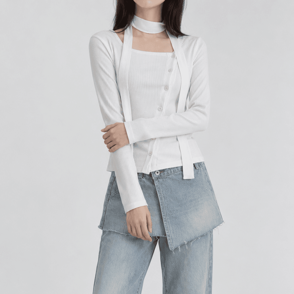 봄 슬림핏 가디건 티셔츠 언발 스카프 화이트