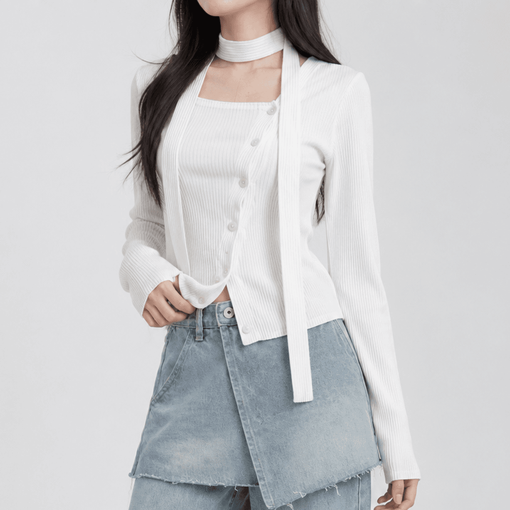 봄 슬림핏 가디건 티셔츠 언발 스카프 화이트