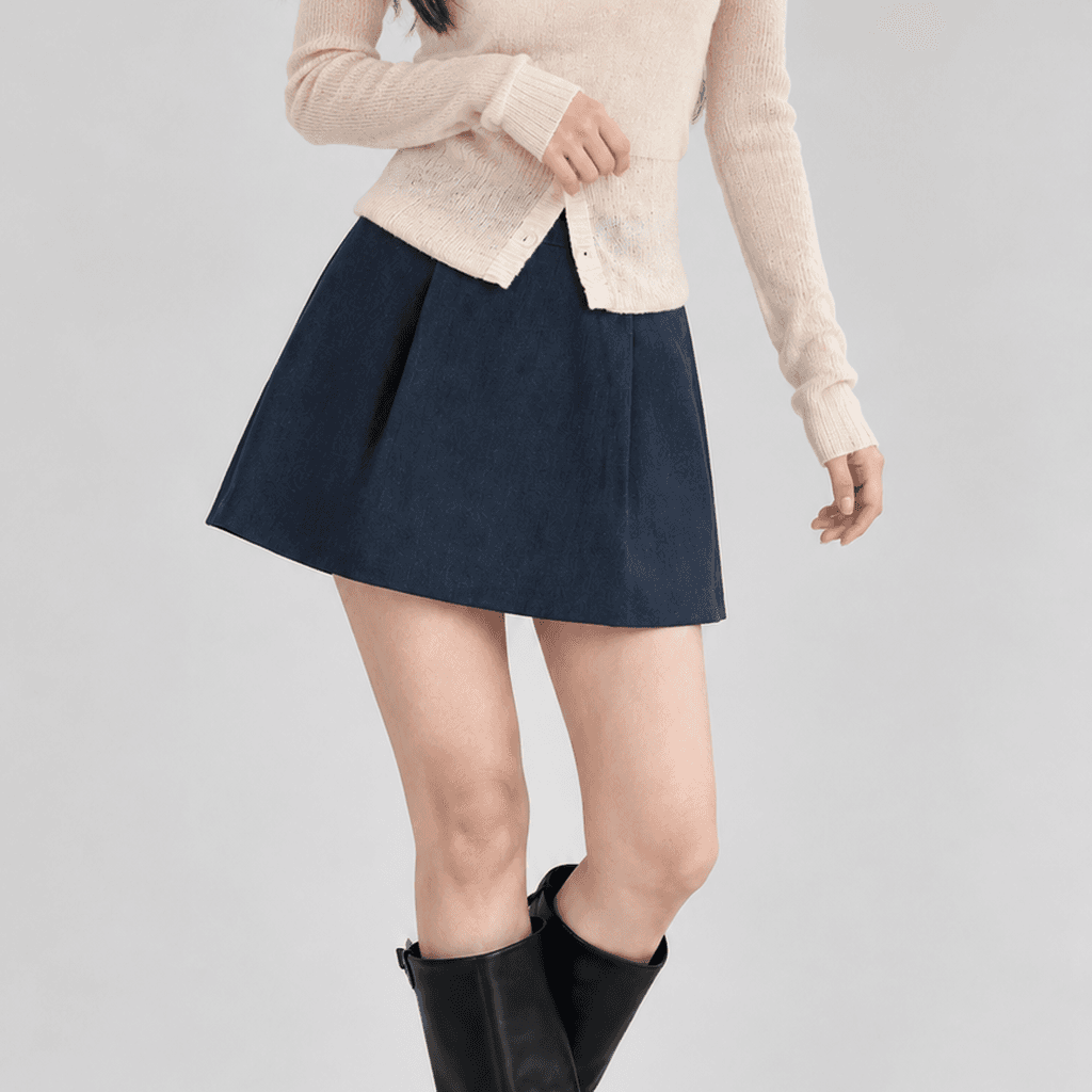 가을 핀턱 플레어 미니 스커트 진청