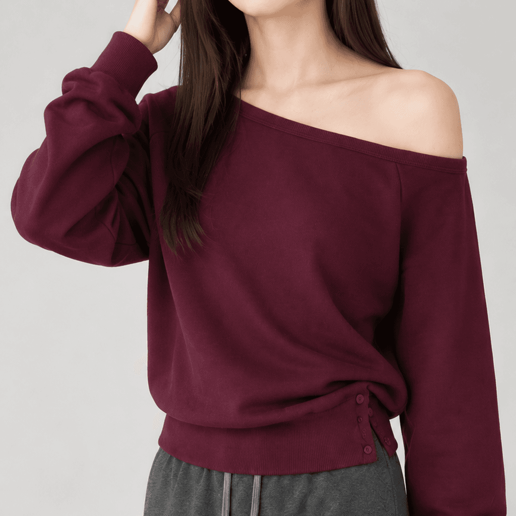 가을 루즈핏 보트넥 맨투맨 버튼시보리 버건디