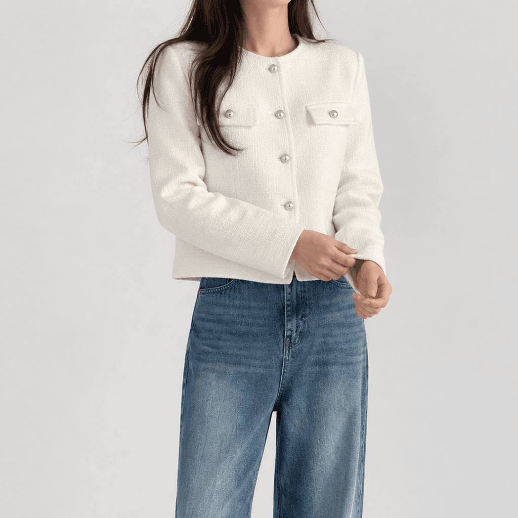 가을 크롭 트위드 자켓 버튼 포켓 아이보리