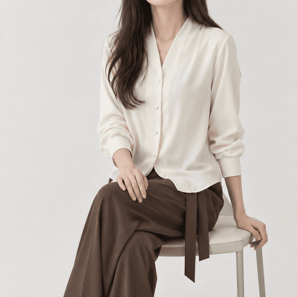 가을 탱글원단 브이넥 셔링 블라우스 아이보리