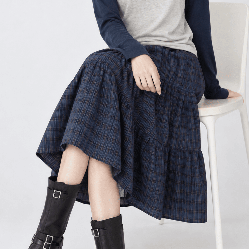 가을 체크 캉캉 미디 스커트 네이비