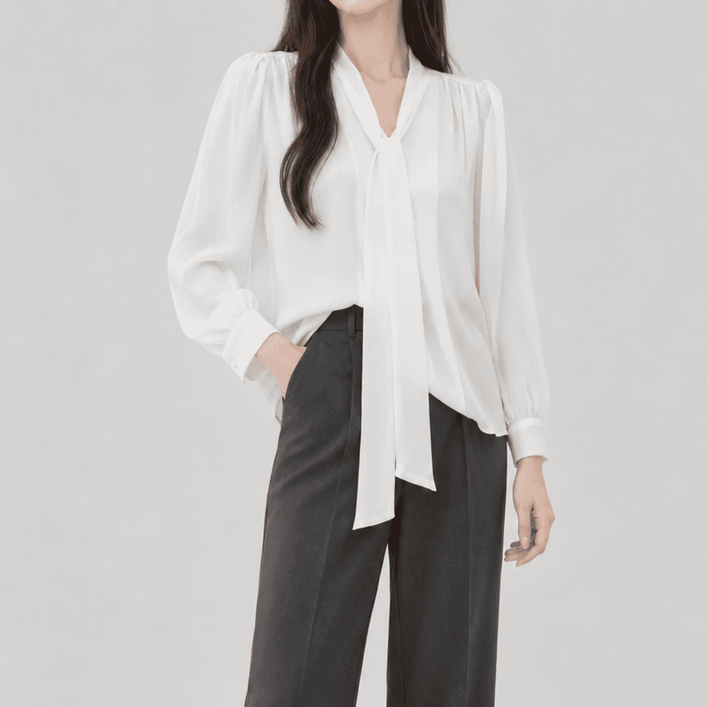 가을 타이넥 루즈핏 블라우스 화이트